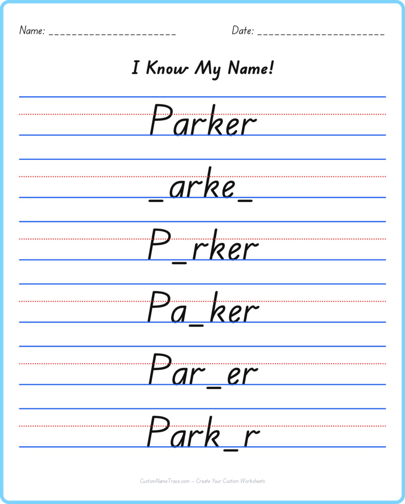 Free Parker custom name tracing - fill-in-the-blank free worksheet