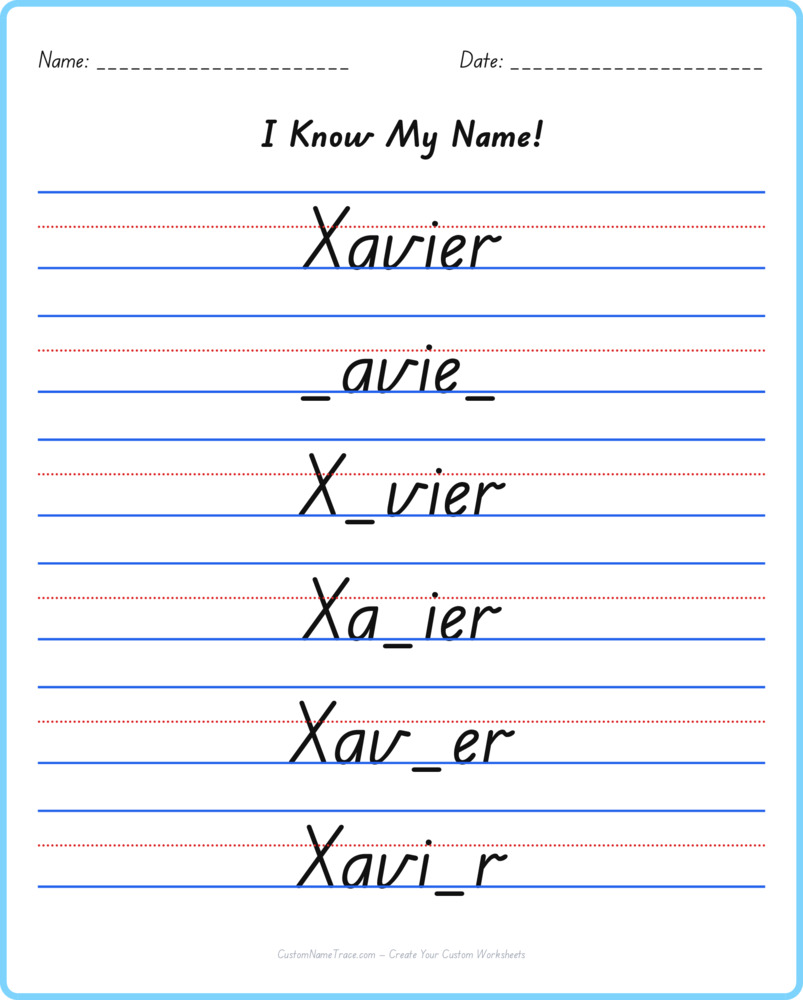 Free Xavier custom name tracing - fill-in-the-blank free worksheet