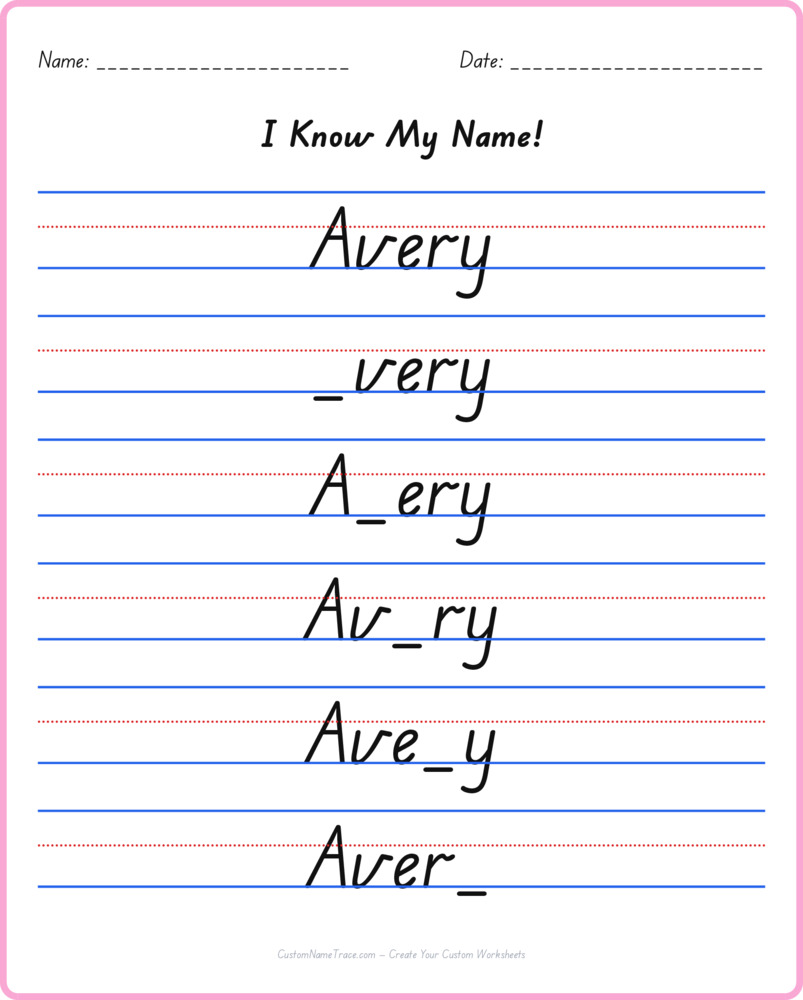Free Avery custom name tracing - fill-in-the-blank free worksheet