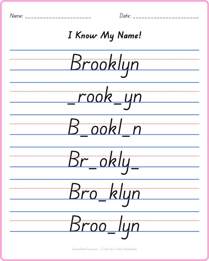 Free Brooklyn custom name tracing - fill-in-the-blank free worksheet