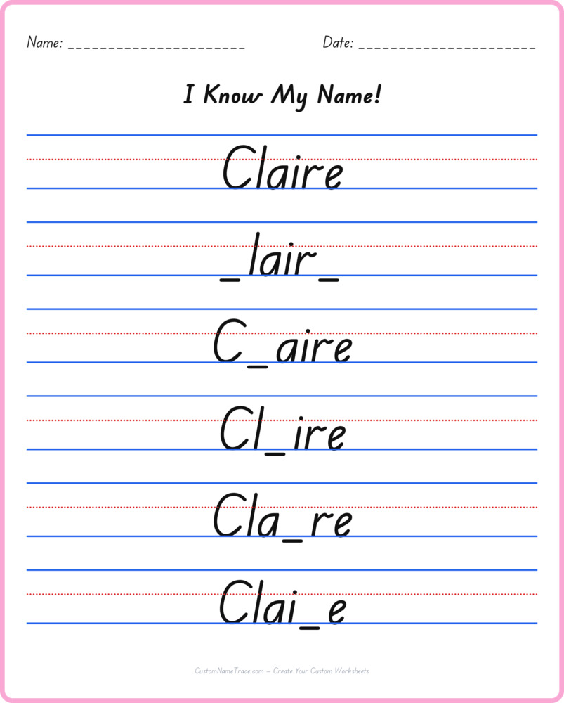 Free Claire custom name tracing - fill-in-the-blank free worksheet