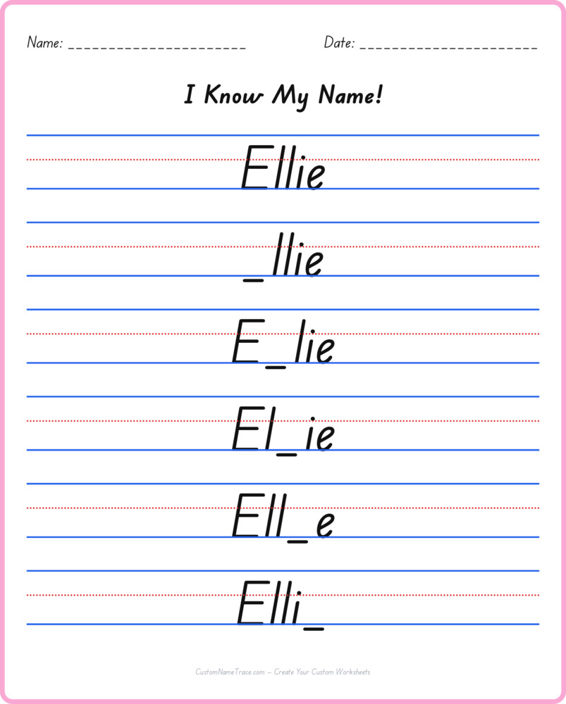 Free Ellie custom name tracing - fill-in-the-blank free worksheet