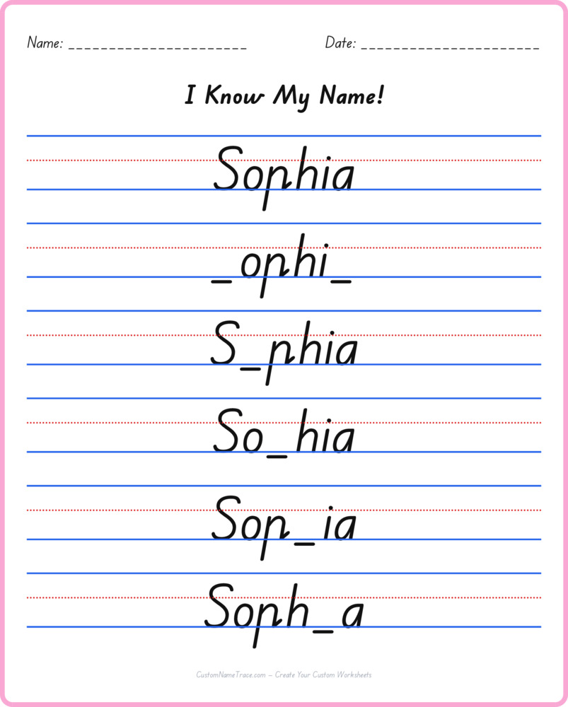 Free Sophia custom name tracing - fill-in-the-blank free worksheet