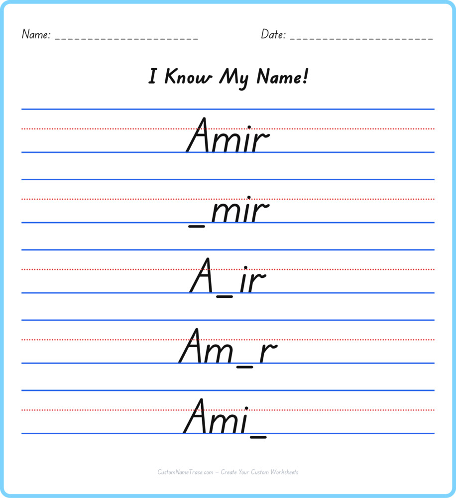 Free Amir custom name tracing - fill-in-the-blank free worksheet
