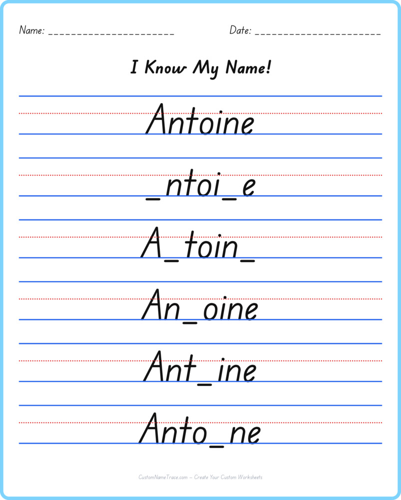 Free Antoine custom name tracing - fill-in-the-blank free worksheet