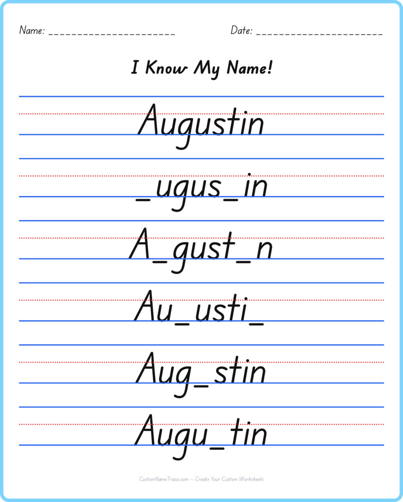 Free Augustin custom name tracing - fill-in-the-blank free worksheet