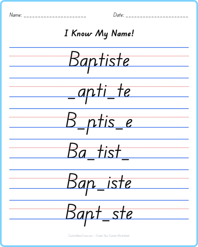 Free Baptiste custom name tracing - fill-in-the-blank free worksheet