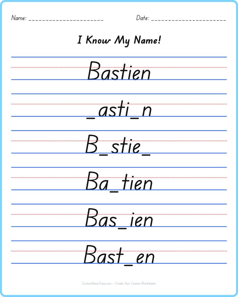 Free Bastien custom name tracing - fill-in-the-blank free worksheet