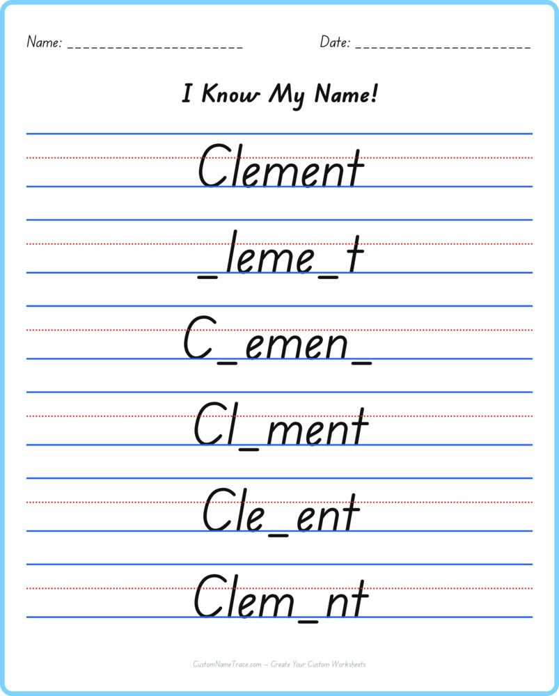 Free Clement custom name tracing - fill-in-the-blank free worksheet