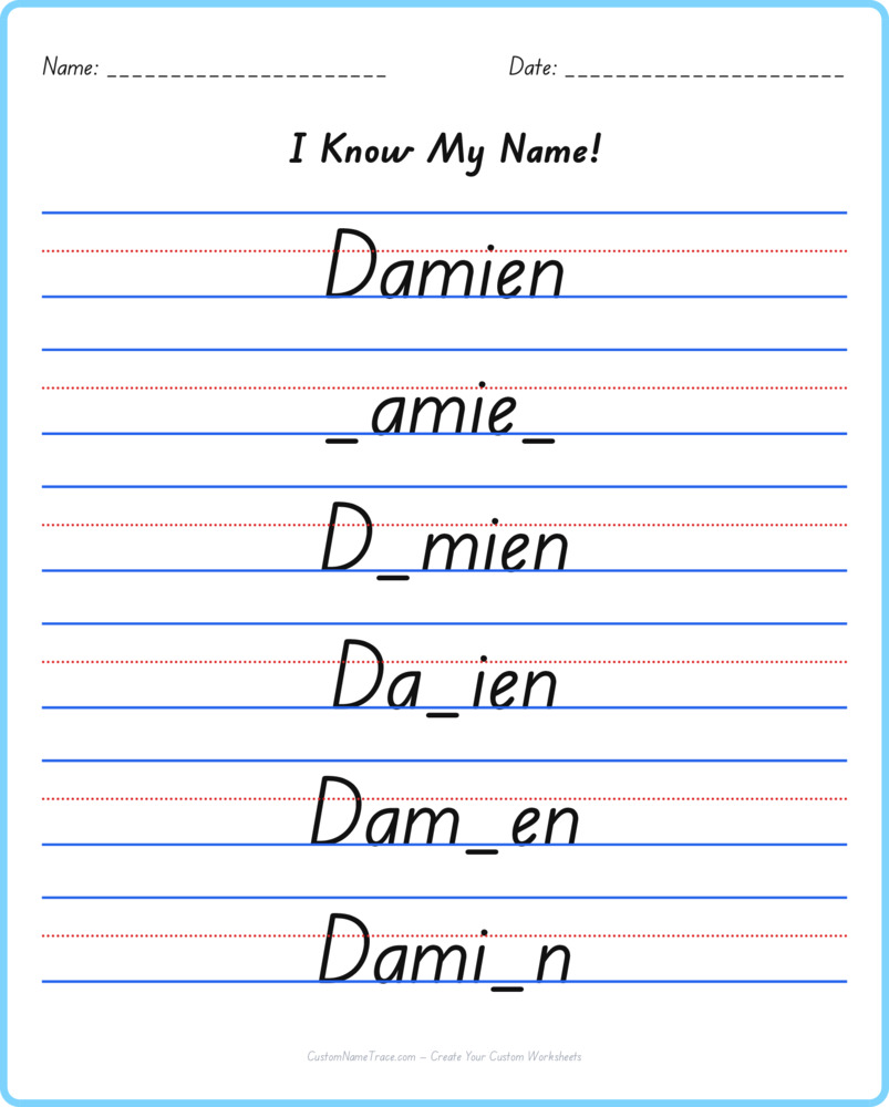 Free Damien custom name tracing - fill-in-the-blank free worksheet