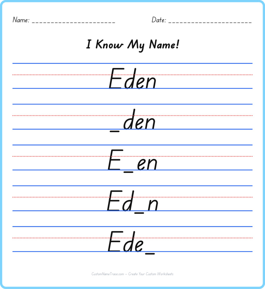 Free Eden custom name tracing - fill-in-the-blank free worksheet