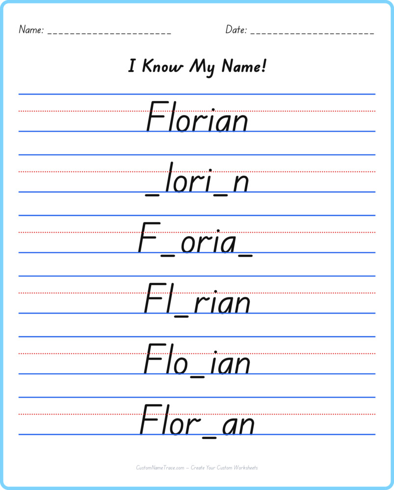 Free Florian custom name tracing - fill-in-the-blank free worksheet