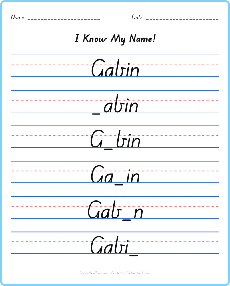 Free Gabin custom name tracing - fill-in-the-blank free worksheet