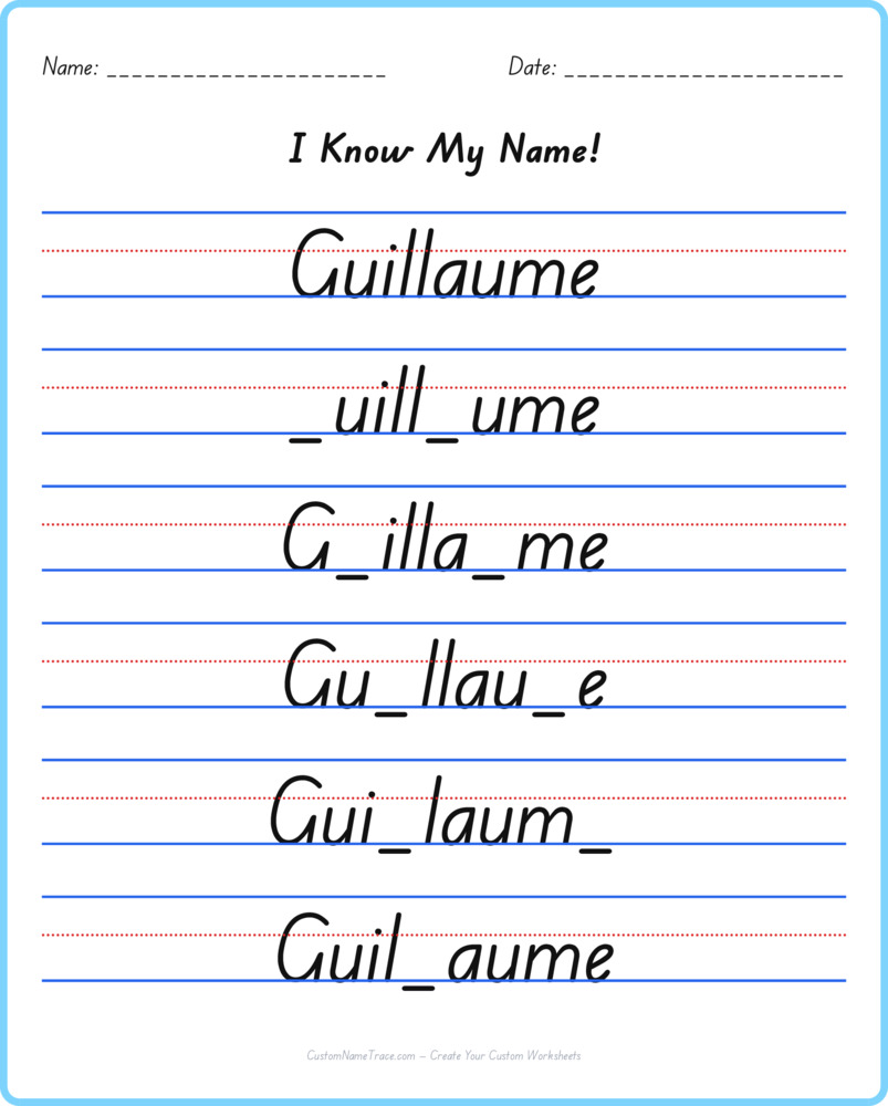 Free Guillaume custom name tracing - fill-in-the-blank free worksheet