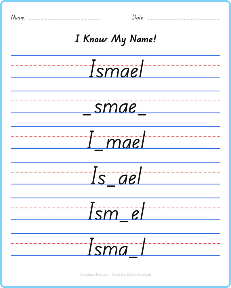 Free Ismael custom name tracing - fill-in-the-blank free worksheet