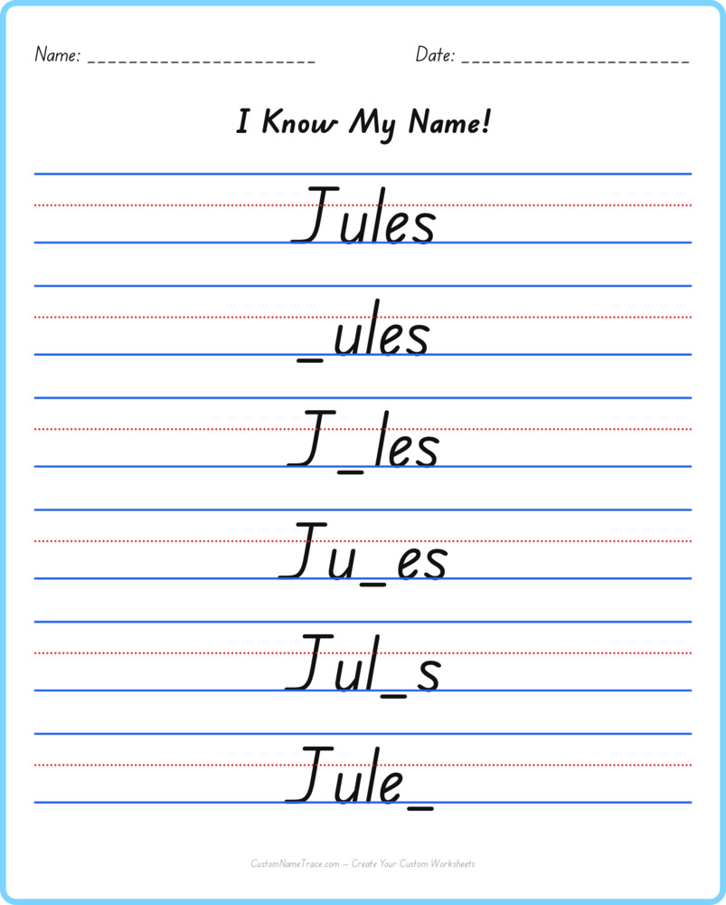 Free Jules custom name tracing - fill-in-the-blank free worksheet