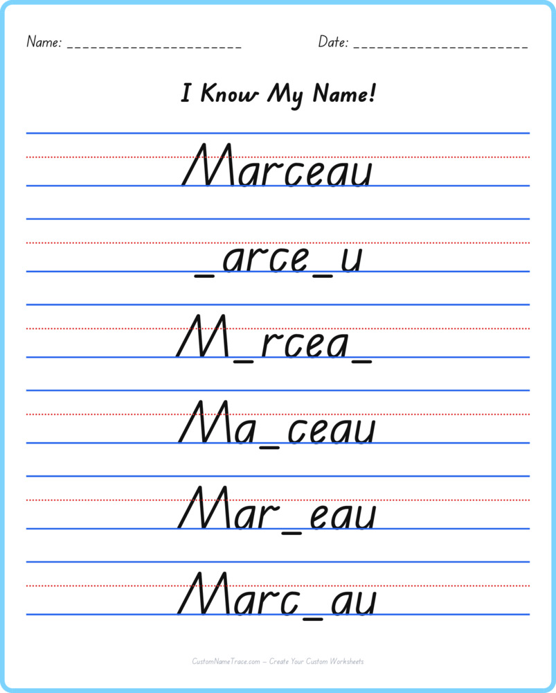 Free Marceau custom name tracing - fill-in-the-blank free worksheet