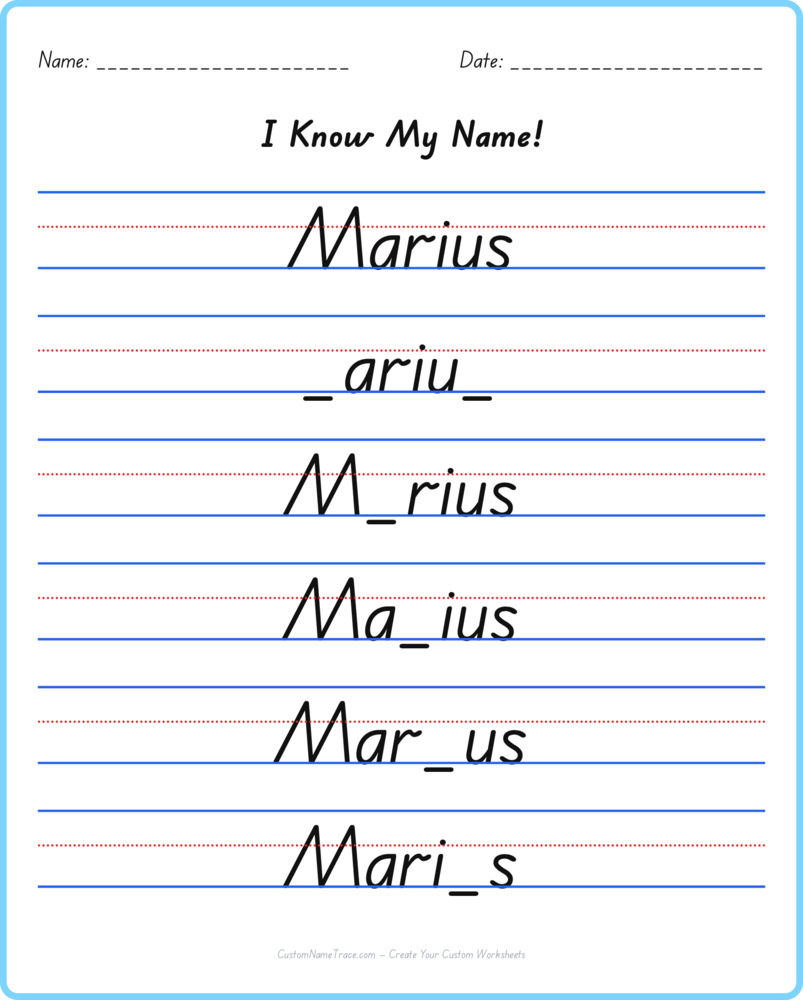 Free Marius custom name tracing - fill-in-the-blank free worksheet