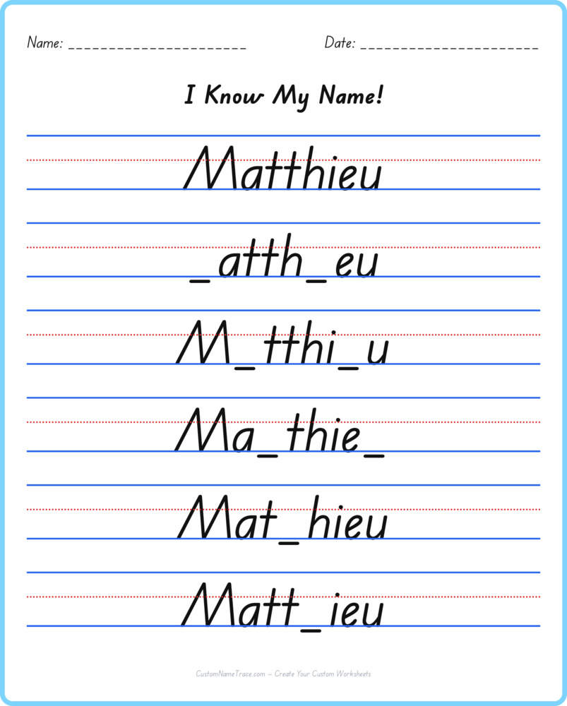 Free Matthieu custom name tracing - fill-in-the-blank free worksheet