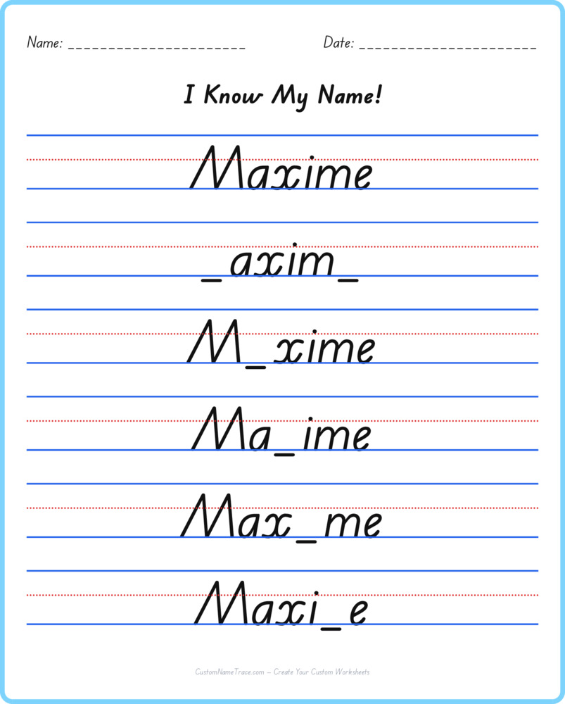 Free Maxime custom name tracing - fill-in-the-blank free worksheet