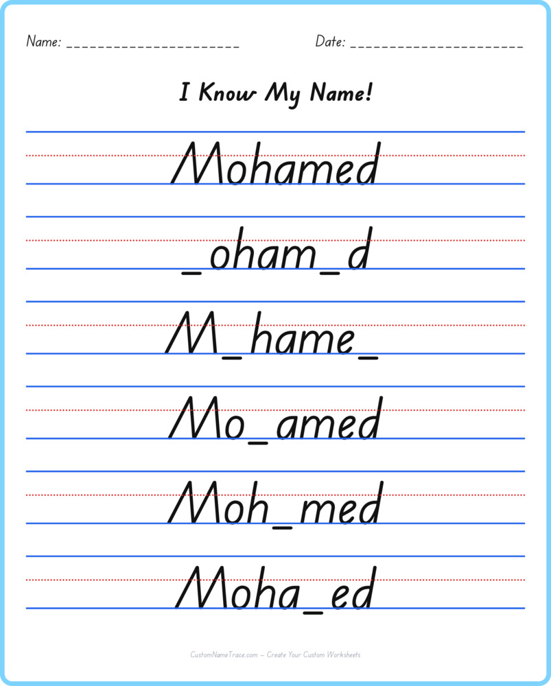 Free Mohamed custom name tracing - fill-in-the-blank free worksheet