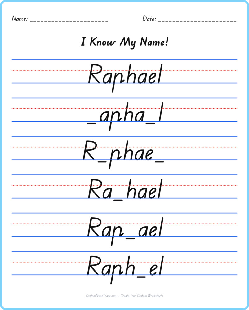 Free Raphael custom name tracing - fill-in-the-blank free worksheet