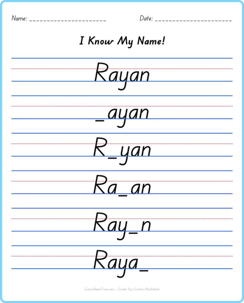 Free Rayan custom name tracing - fill-in-the-blank free worksheet