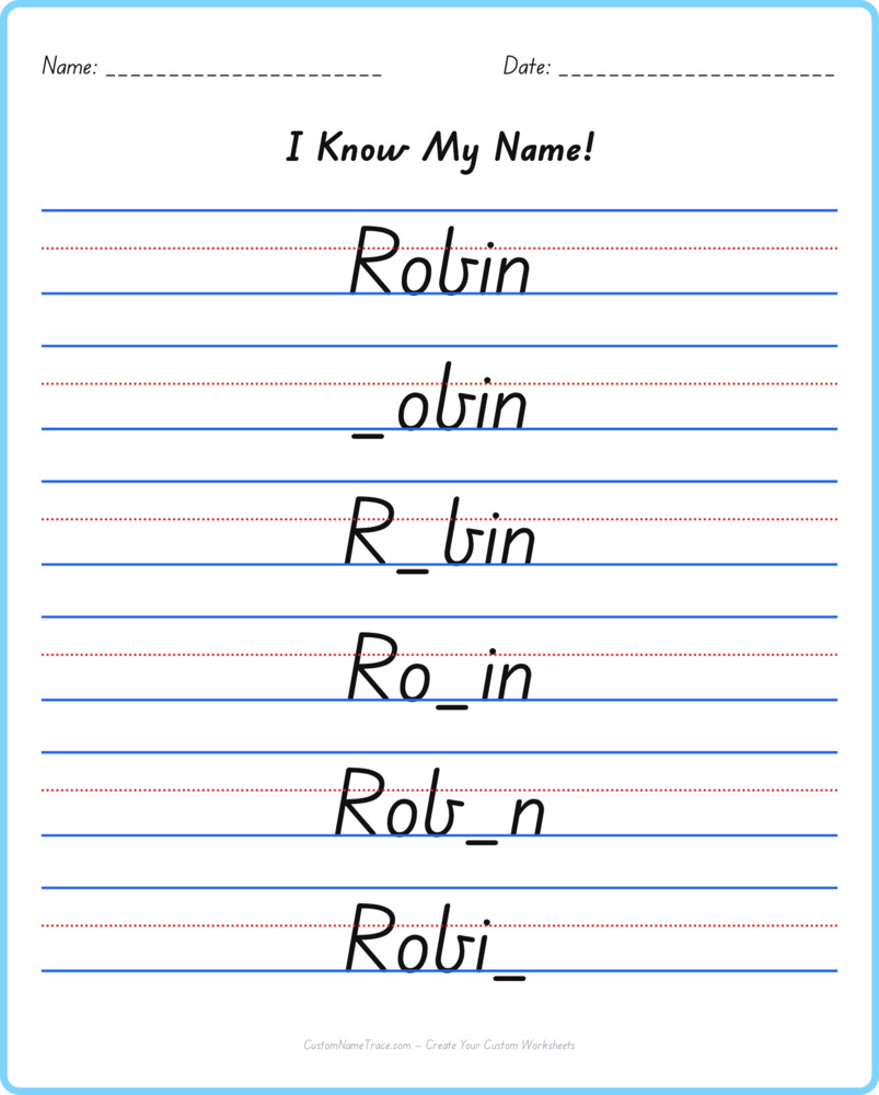 Free Robin custom name tracing - fill-in-the-blank free worksheet