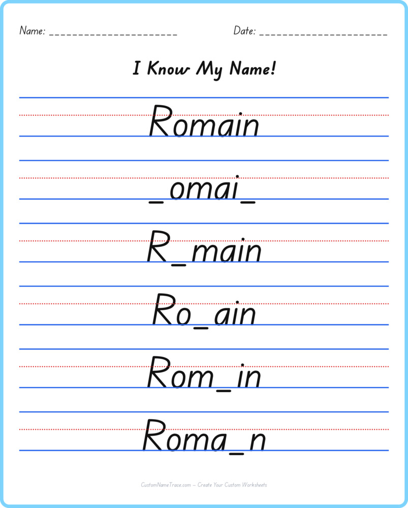Free Romain custom name tracing - fill-in-the-blank free worksheet