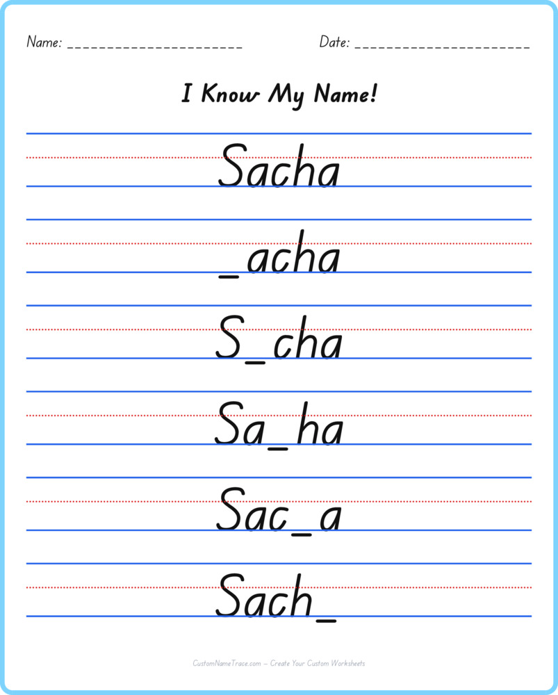 Free Sacha custom name tracing - fill-in-the-blank free worksheet