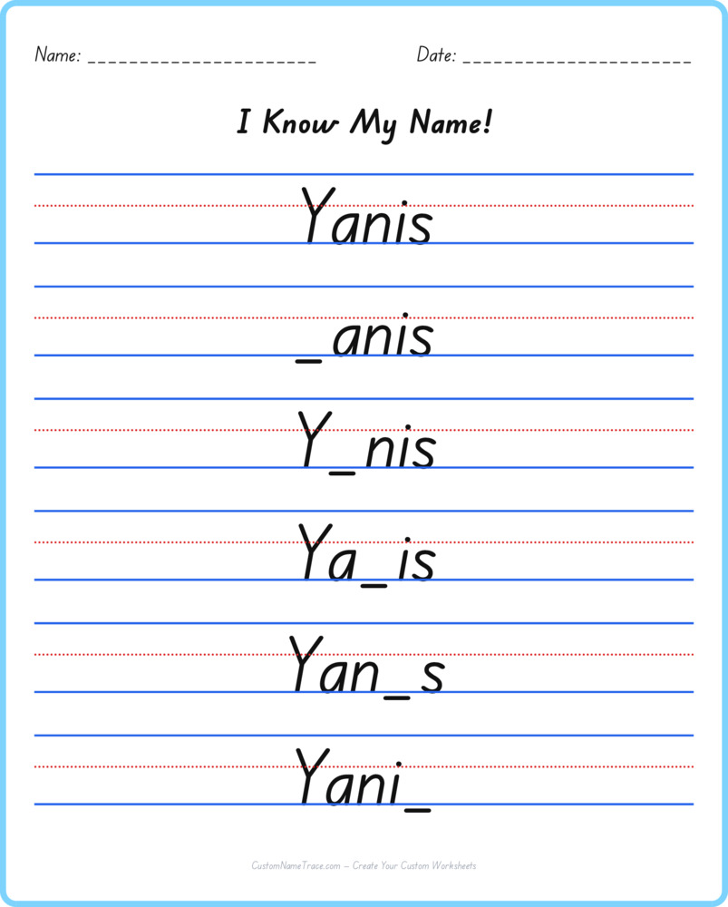 Free Yanis custom name tracing - fill-in-the-blank free worksheet