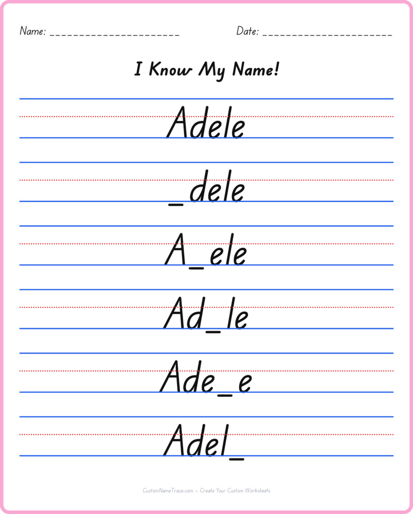 Free Adele custom name tracing - fill-in-the-blank free worksheet