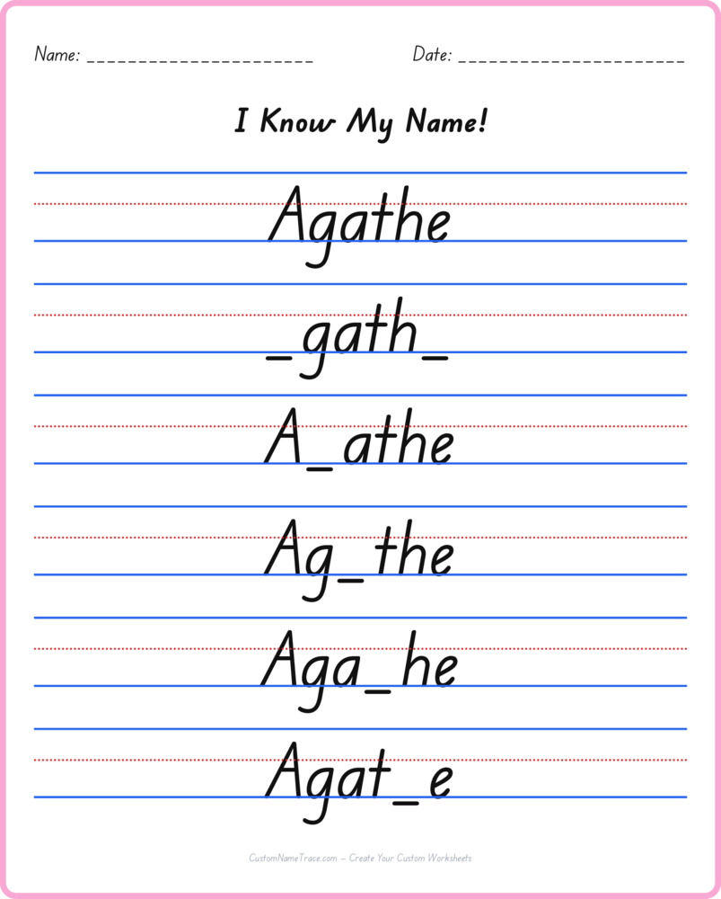 Free Agathe custom name tracing - fill-in-the-blank free worksheet