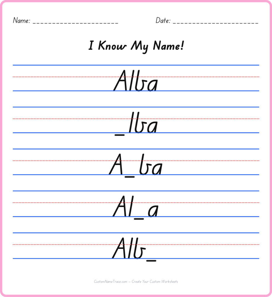 Free Alba custom name tracing - fill-in-the-blank free worksheet