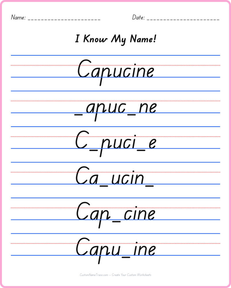 Free Capucine custom name tracing - fill-in-the-blank free worksheet