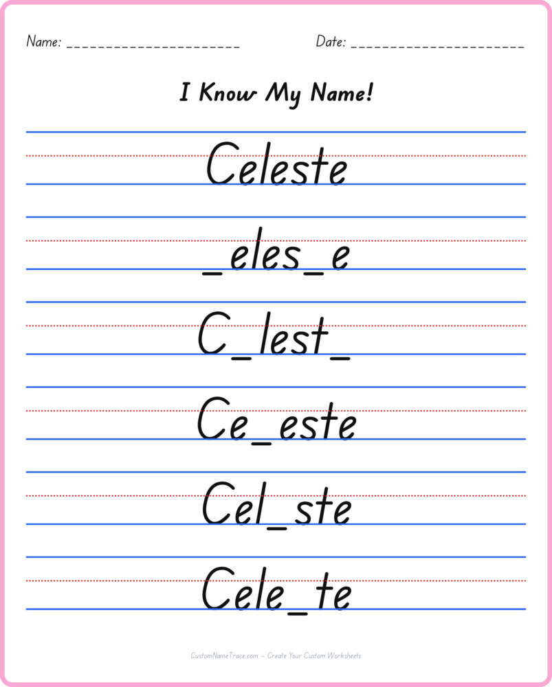 Free Celeste custom name tracing - fill-in-the-blank free worksheet
