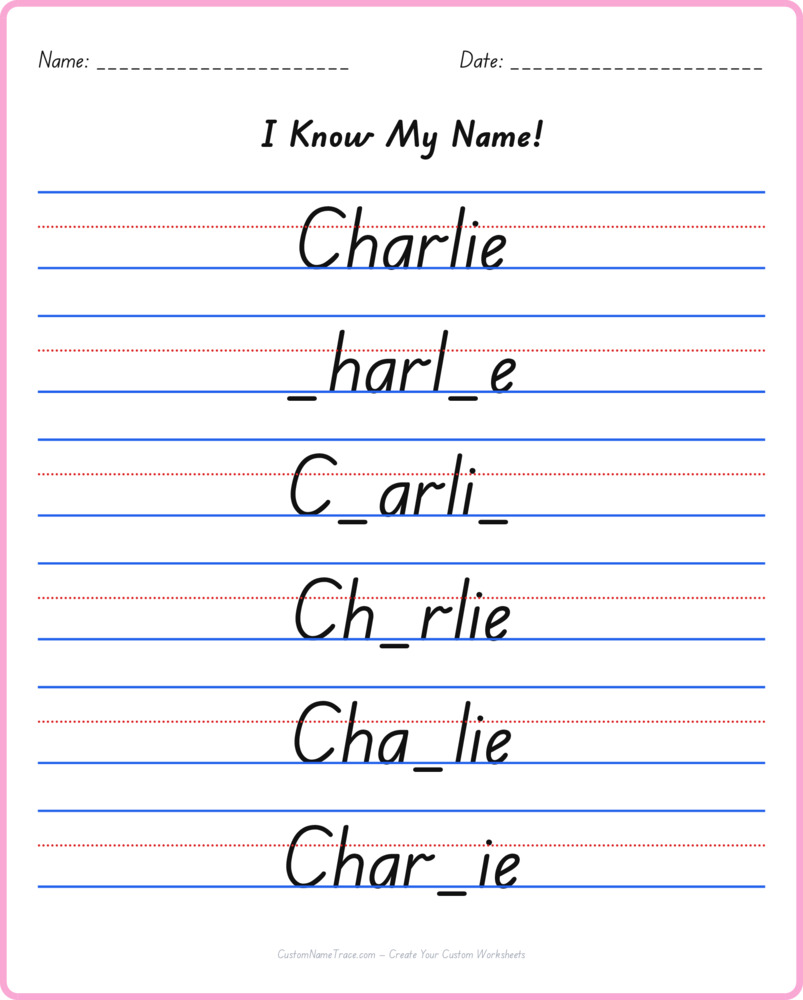 Free Charlie custom name tracing - fill-in-the-blank free worksheet