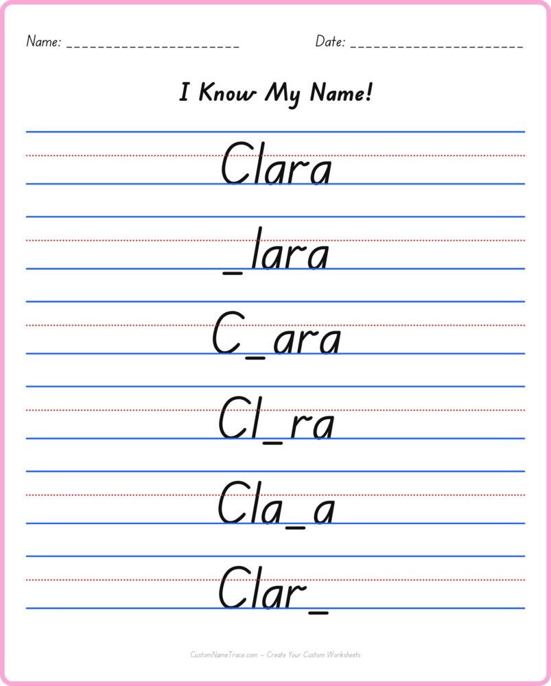 Free Clara custom name tracing - fill-in-the-blank free worksheet