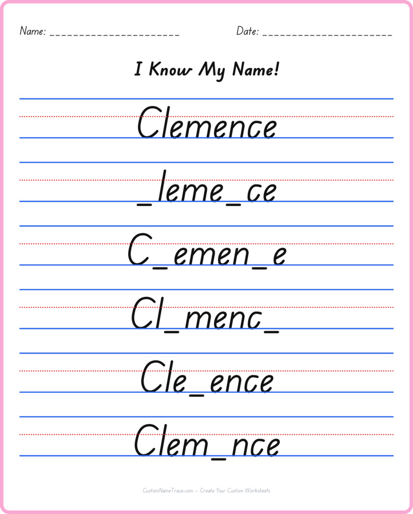 Free Clemence custom name tracing - fill-in-the-blank free worksheet