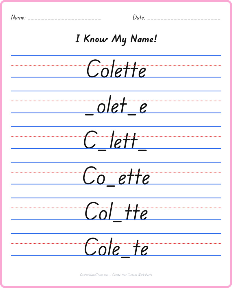 Free Colette custom name tracing - fill-in-the-blank free worksheet