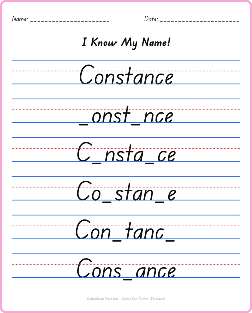 Free Constance custom name tracing - fill-in-the-blank free worksheet