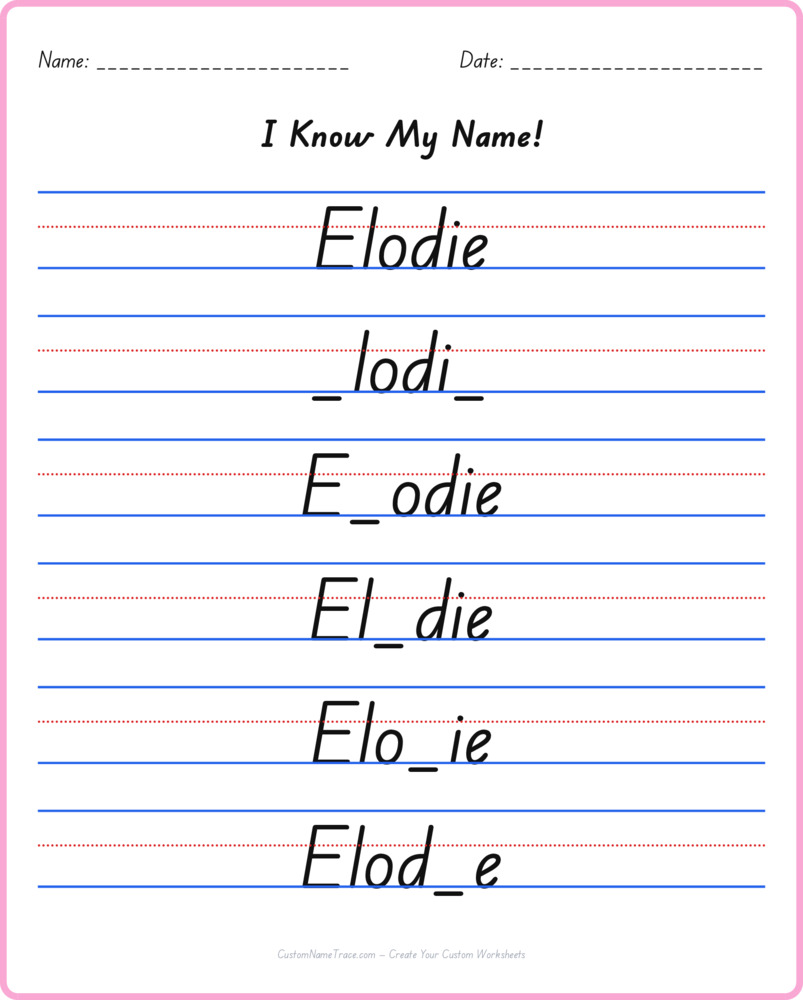 Free Elodie custom name tracing - fill-in-the-blank free worksheet