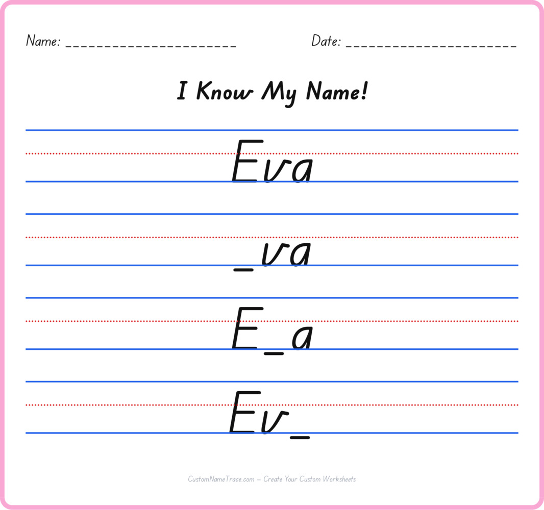 Free Eva custom name tracing - fill-in-the-blank free worksheet