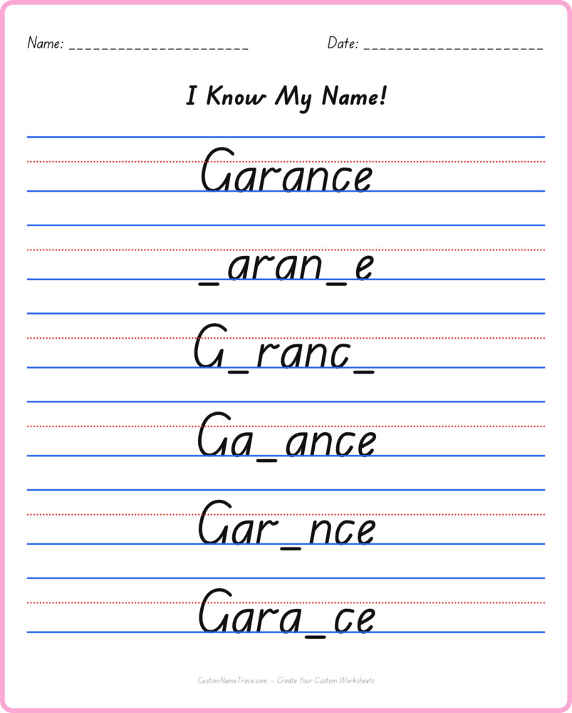 Free Garance custom name tracing - fill-in-the-blank free worksheet