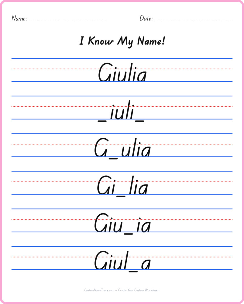 Free Giulia custom name tracing - fill-in-the-blank free worksheet
