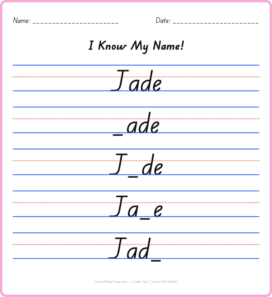 Free Jade custom name tracing - fill-in-the-blank free worksheet