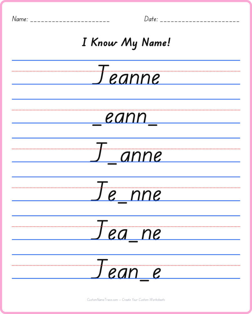 Free Jeanne custom name tracing - fill-in-the-blank free worksheet