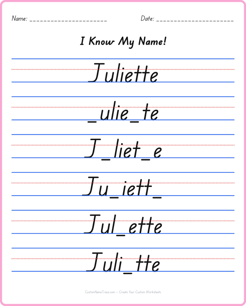 Free Juliette custom name tracing - fill-in-the-blank free worksheet