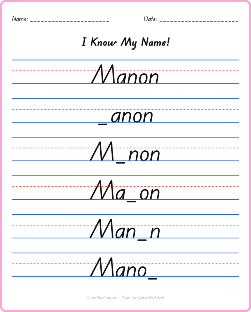 Free Manon custom name tracing - fill-in-the-blank free worksheet