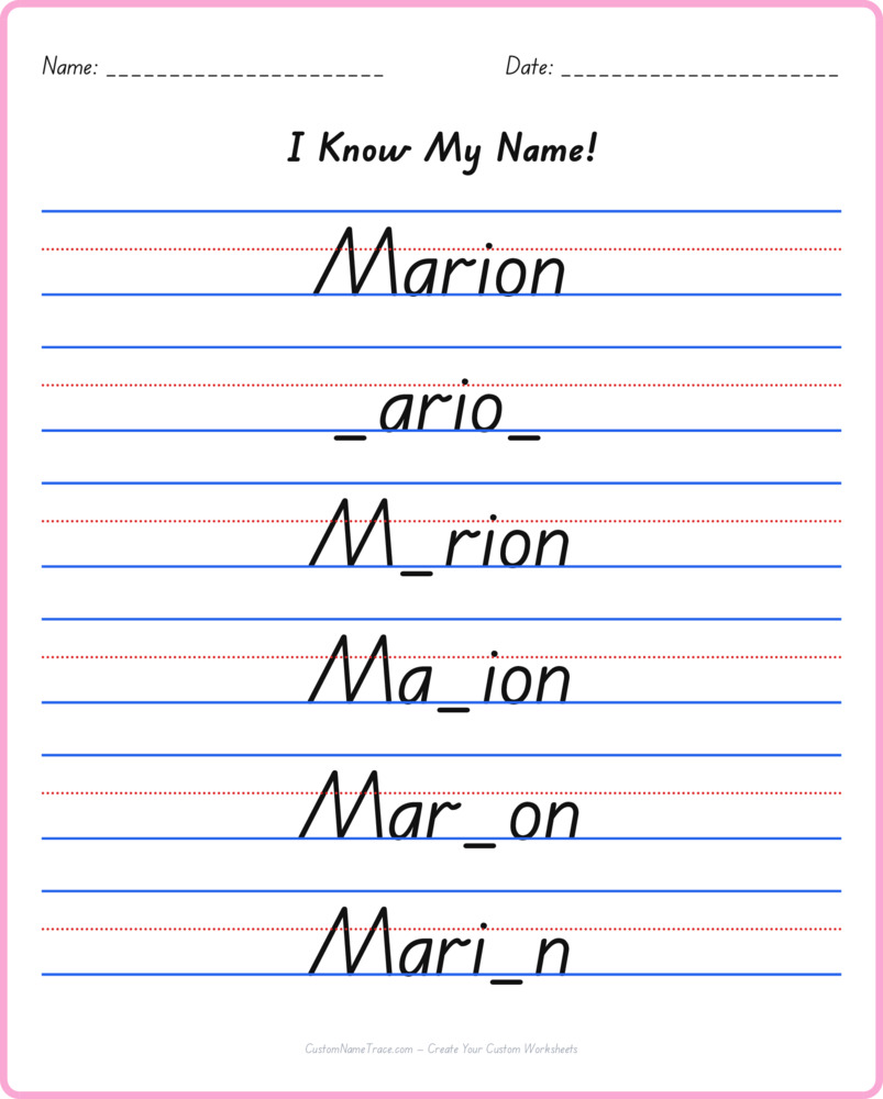 Free Marion custom name tracing - fill-in-the-blank free worksheet